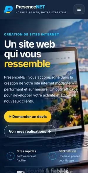 Le même site PresenceNet.net affiché sur un téléphone portable