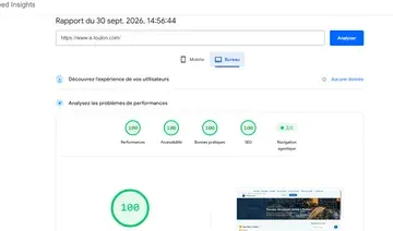 Résultats PageSpeed Insights de a-toulon.com (annuaire, activités et histoire de Toulon) : 100 sur 100 en performances, accessibilité, bonnes pratiques et SEO