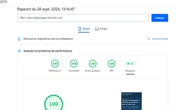 Résultats PageSpeed Insights de depannage-domicile.com (trouver un dépanneur à domicile près de chez vous) : 100 sur 100 en performances, accessibilité, bonnes pratiques et SEO