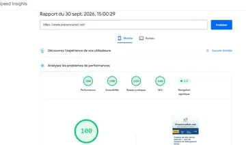 Résultats PageSpeed Insights de presencenet.net (création de site Internet) : 100 sur 100 en performances, accessibilité, bonnes pratiques et SEO