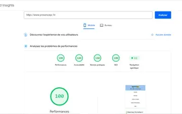 Résultats PageSpeed Insights de provencepc.fr (dépannage à domicile de votre ordinateur) : 100 sur 100 en performances, accessibilité, bonnes pratiques et SEO